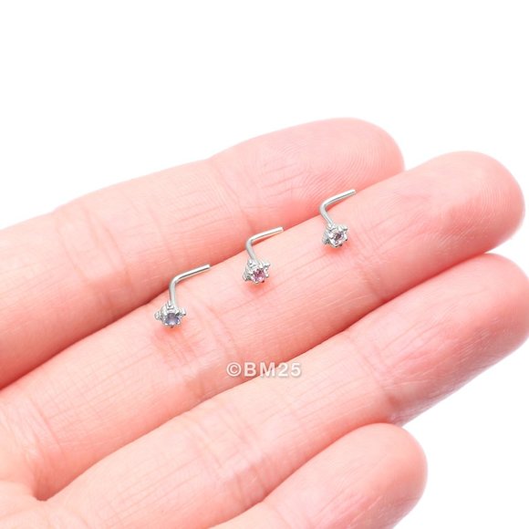 14 Karat White Gold Studded Prong Gem Sparkle L-Shaped Nose Ring - Picture 3 of 5